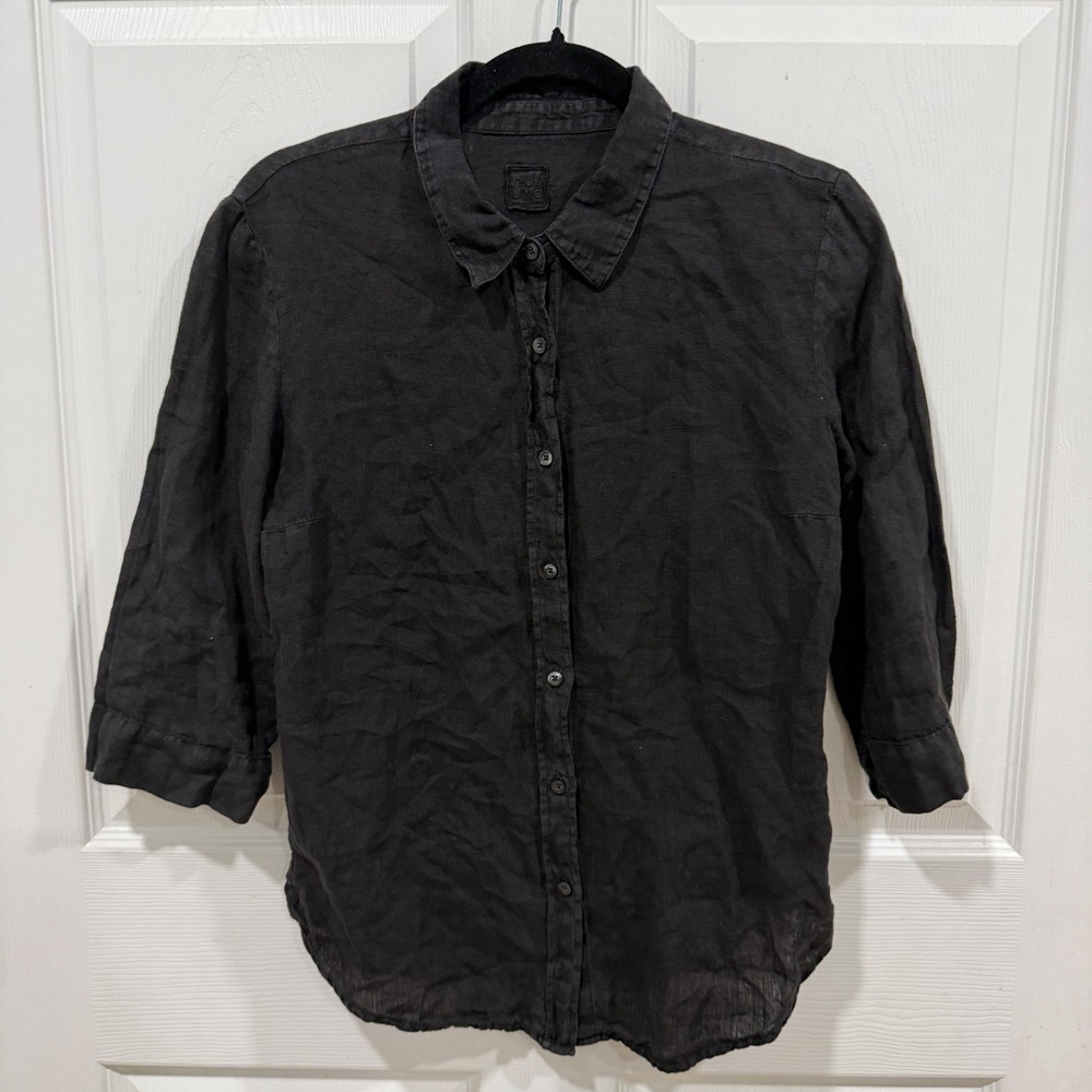 120% Lino Black Linen Button Down Shirt 3/4 Sleeve Size 42 IT US 6